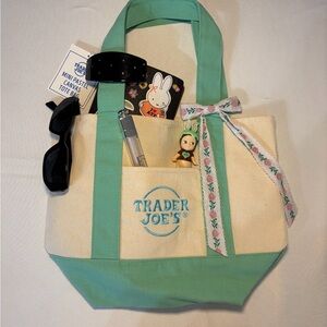 Trader Joe's Mini Canvas Tote Bag in Mint and Cream